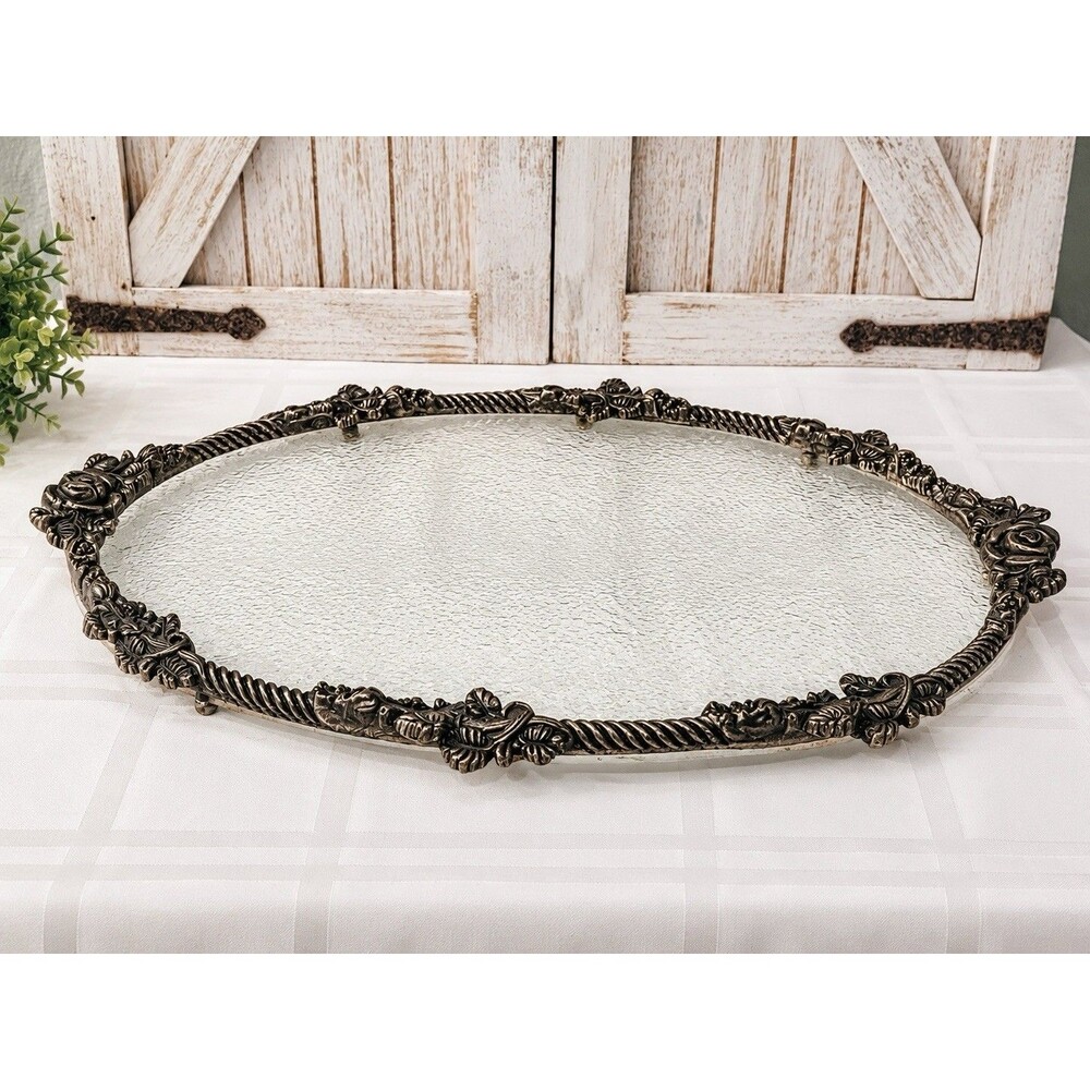 Vintage Oval Vanity Tray Ornate Metal Floral Textured Acrylic 17” x 12